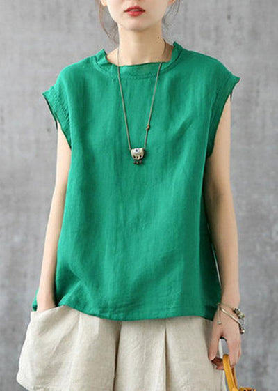 Stylish Green O-Neck Sleeveless Linen Summer Tops - bagstylebliss