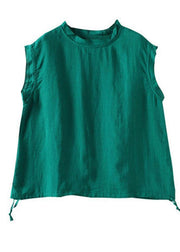 Stylish Green O-Neck Sleeveless Linen Summer Tops - bagstylebliss