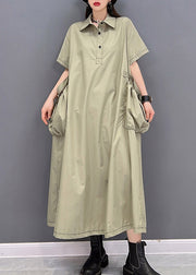 Stylish Green Peter Pan Collar Button Big Pockets Shirt Dress Short Sleeve