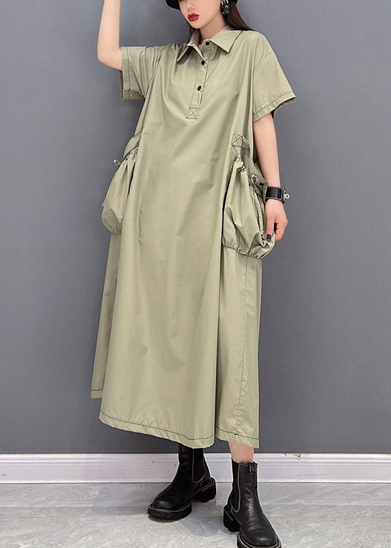 Stylish Green Peter Pan Collar Button Big Pockets Shirt Dress Short Sleeve