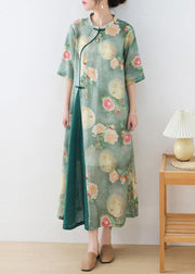 Stylish Green Print O-Neck Asymmetrical Design Dress Summer Ramie - bagstylebliss