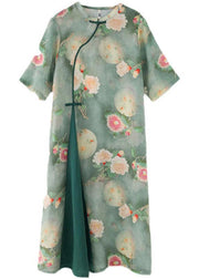 Stylish Green Print O-Neck Asymmetrical Design Dress Summer Ramie - bagstylebliss