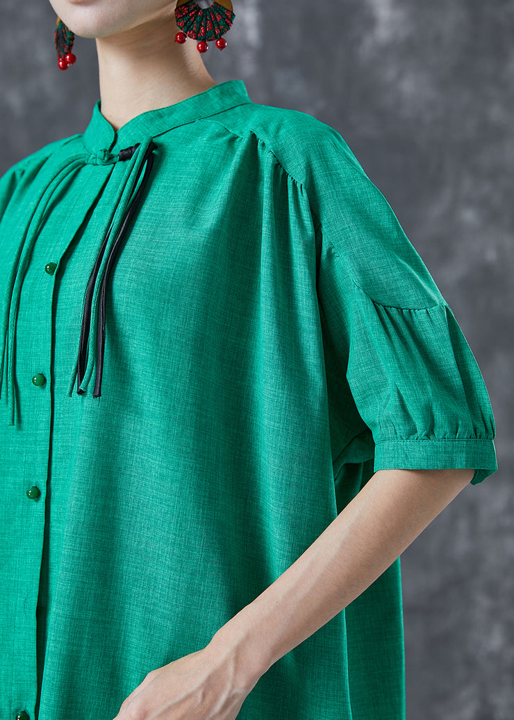 Stylish Green Stand Collar Oversized Tassel Cotton Shirt Dress Summer