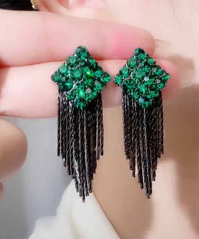 Stylish Green Stering Silver Overgild Diamond Zircon Tassel Drop Earrings