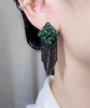 Stylish Green Stering Silver Overgild Diamond Zircon Tassel Drop Earrings