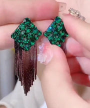 Stylish Green Stering Silver Overgild Diamond Zircon Tassel Drop Earrings