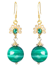 Stylish Green Sterling Silver Overgild Zircon Malachite Drop Earrings