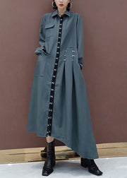 Stylish Grey Asymmetrical Patchwork Cotton Shirts Dress Fall