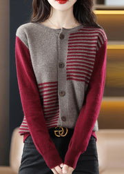 Stylish Grey O Neck Button Patchwork Woolen Knit Cardigan Fall