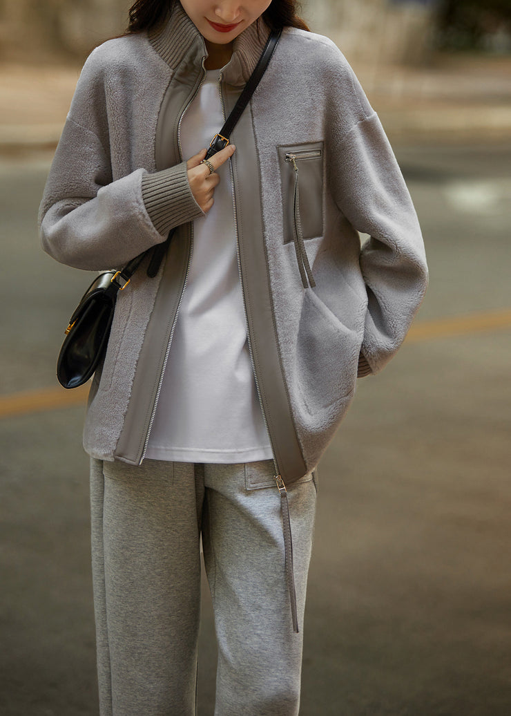 Stylish Grey Oversized PU Patchwork Wool Coat Fall