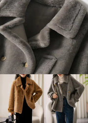 Stylish Grey Peter Pan Collar Pockets Patchwork Wool Coats Winter