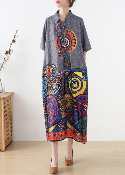 Stylish Grey Print tie Loose Vacation Summer Chiffon Dress - bagstylebliss