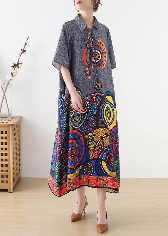 Stylish Grey Print tie Loose Vacation Summer Chiffon Dress - bagstylebliss