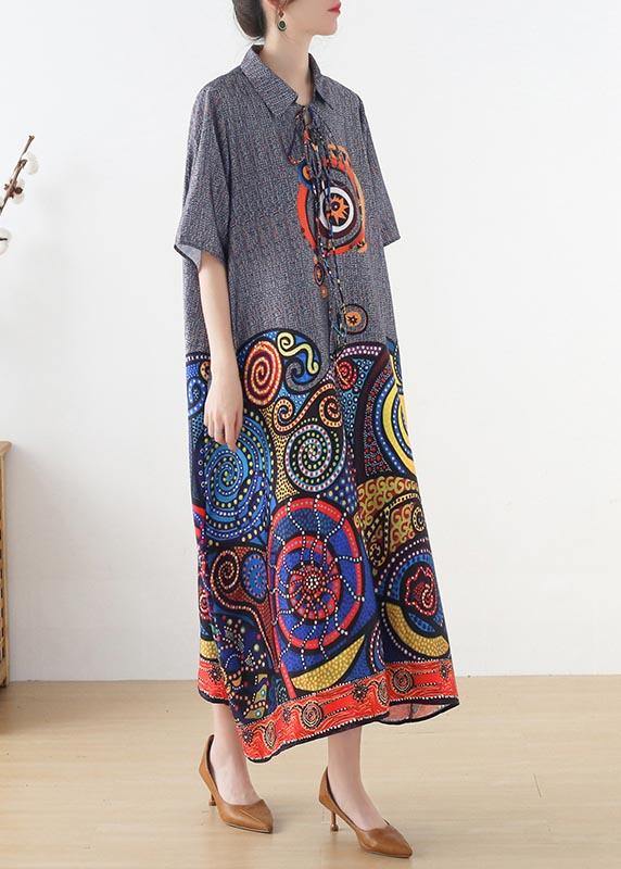 Stylish Grey Print tie Loose Vacation Summer Chiffon Dress - bagstylebliss