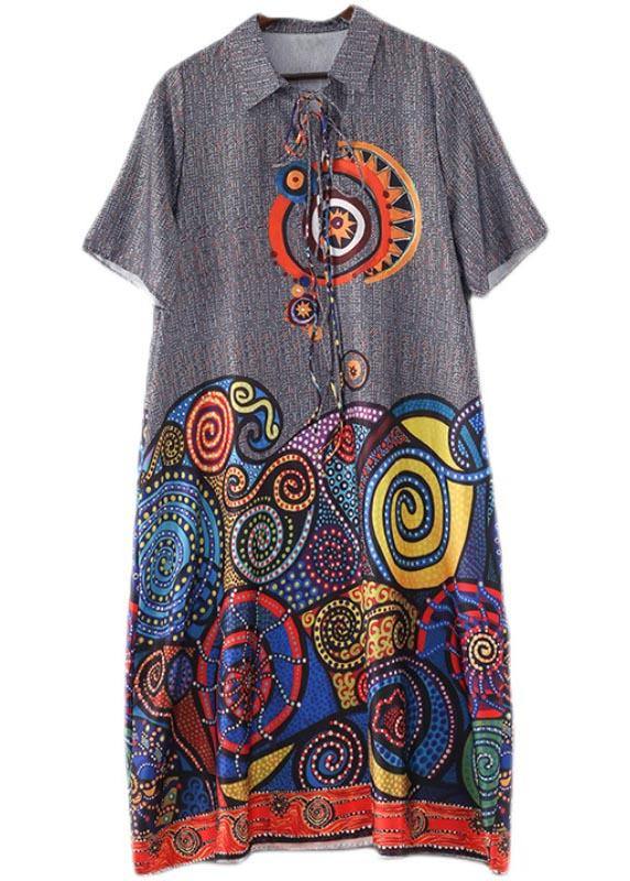 Stylish Grey Print tie Loose Vacation Summer Chiffon Dress - bagstylebliss