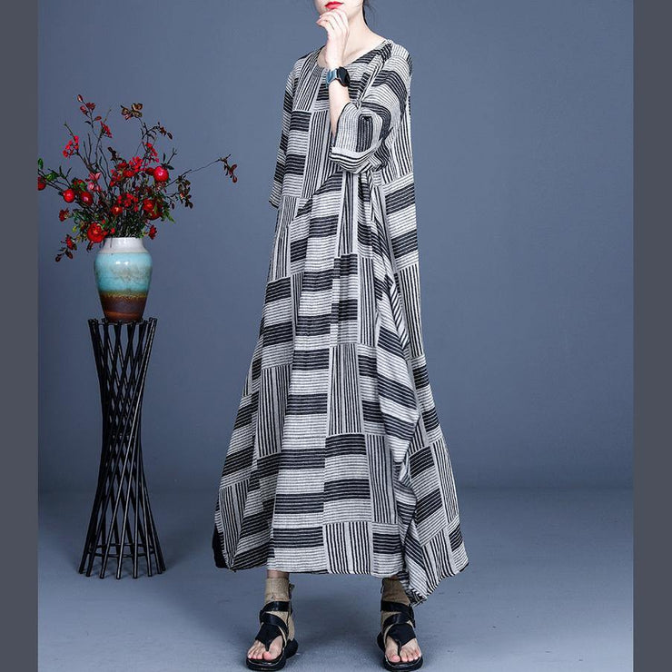 Stylish Grey Striped Patchwork Dress Summer Cotton Linen Dress - bagstylebliss