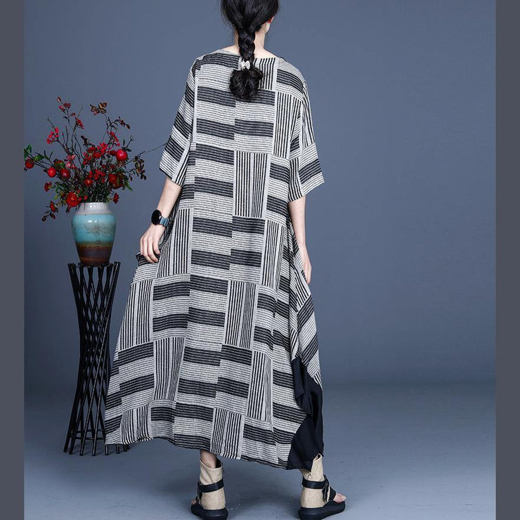 Stylish Grey Striped Patchwork Dress Summer Cotton Linen Dress - bagstylebliss