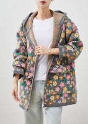 Stylish Grey Zip Up Floral Print Knit Coat Spring