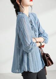 Stylish Haze Blue Ruffled Stand Collar Chiffon Blouse Tops Long Sleeve