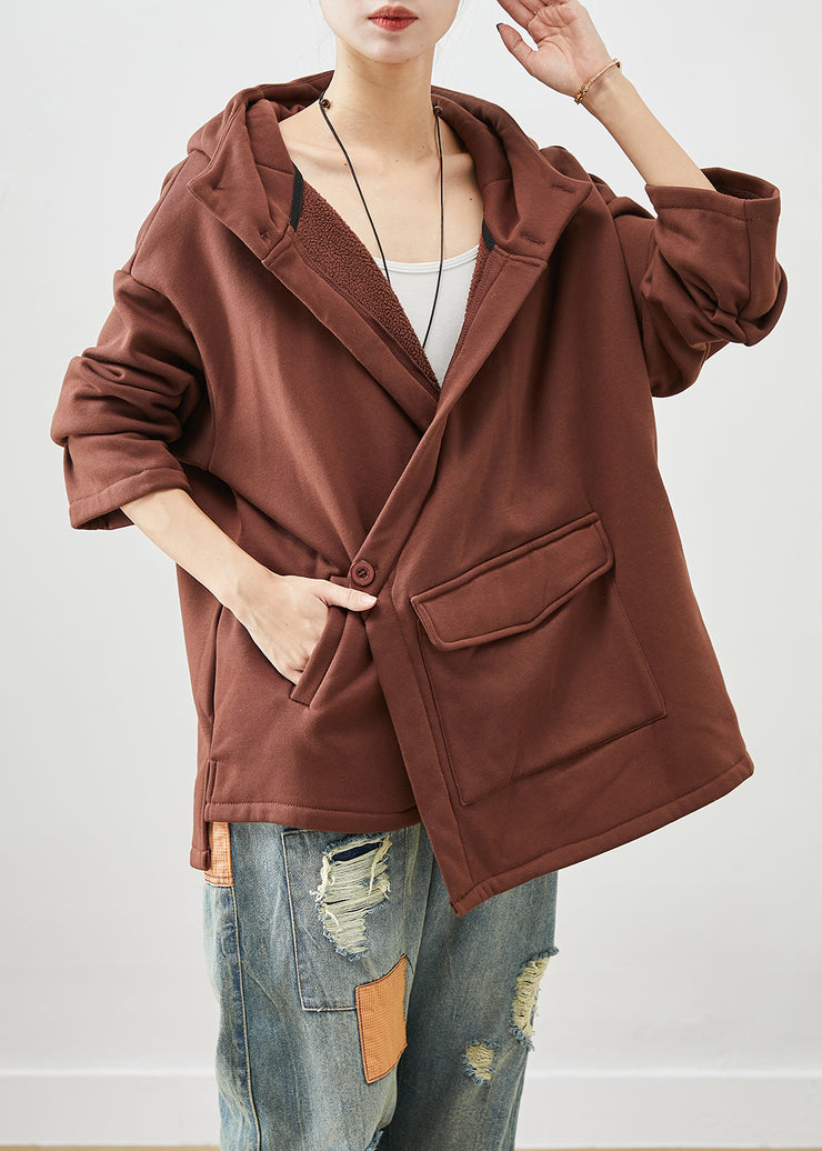 Stylish Khaki Asymmetrical Oversized Warm Fleece Jacket Fall