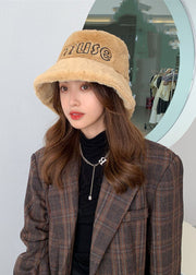 Stylish Khaki Fuzzy Fur Graphic Bucket Hat