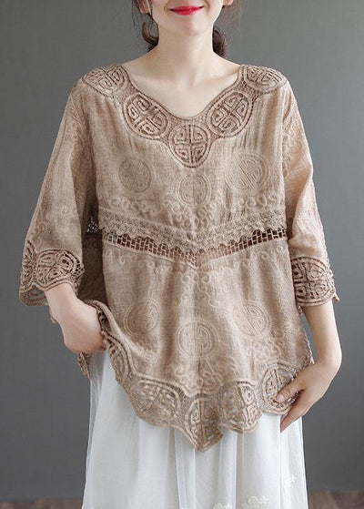 Stylish Khaki O-Neck Embroideried Summer Asymmetrical Design Top - bagstylebliss