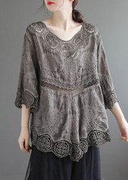 Stylish Khaki O-Neck Embroideried Summer Asymmetrical Design Top - bagstylebliss