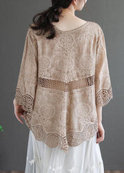 Stylish Khaki O-Neck Embroideried Summer Asymmetrical Design Top - bagstylebliss