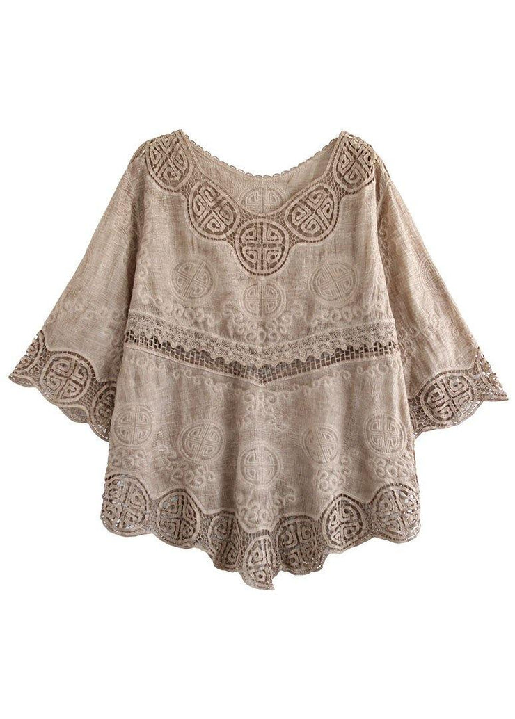 Stylish Khaki O-Neck Embroideried Summer Asymmetrical Design Top - bagstylebliss