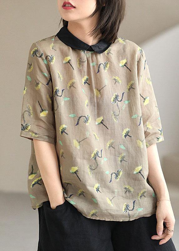 Stylish Khaki Patchwork Pullover Summer Linen Shirt Top Short Sleeve - bagstylebliss