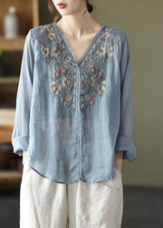 Stylish Lake Blue Embroideried Linen Blouse Tops Long Sleeve