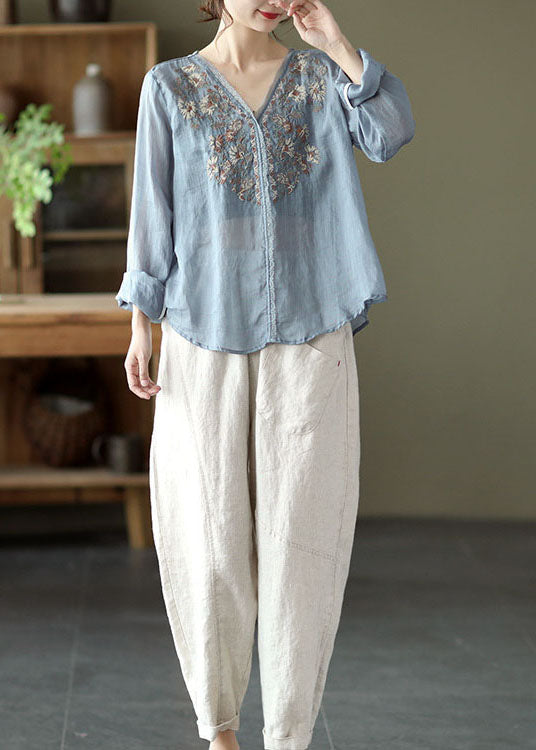 Stylish Lake Blue Embroideried Linen Blouse Tops Long Sleeve