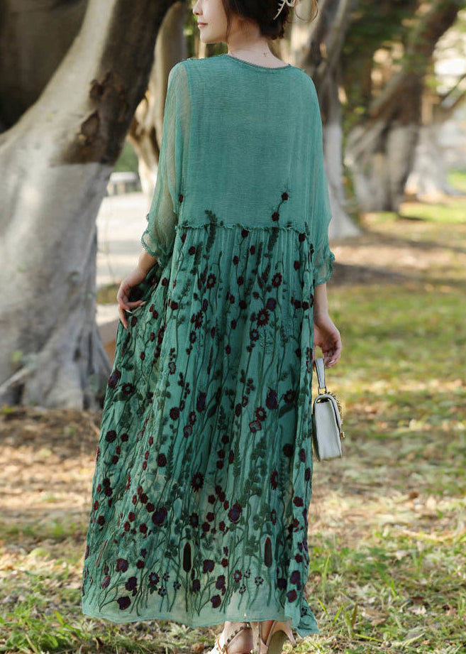 Stylish Lake Green Embroidered Patchwork Silk Long Dress Half Sleeve