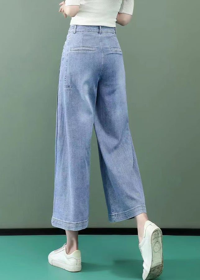 Stylish Light Blue Pockets High Waist Denim Wide Leg Pants Spring