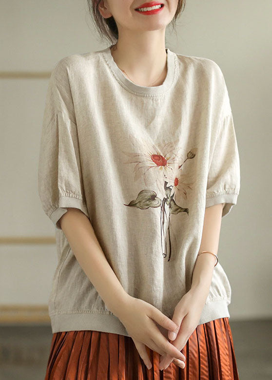 Stylish Linen Color O-Neck Oversized Print Linen Tank Tops Short Sleeve