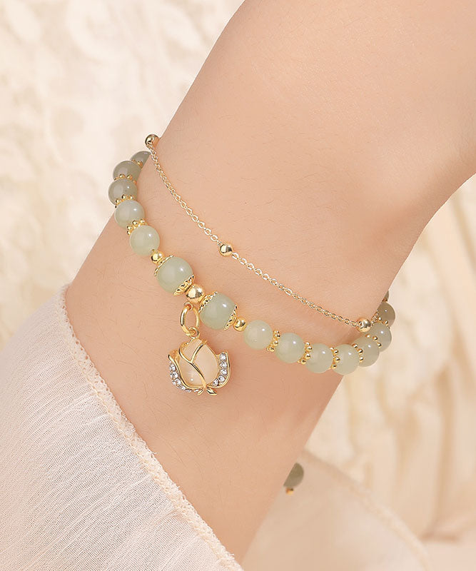 Stylish Little Green Sterling Silver Overgild 14K Gold Jade Zircon Charm Bracelet