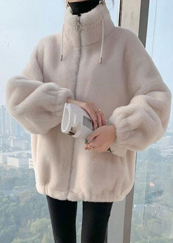 Stylish Milk White Stand Collar Zippered Mink Hair Coats Spring