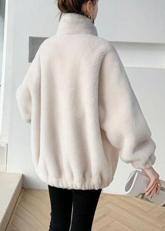 Stylish Milk White Stand Collar Zippered Mink Hair Coats Spring