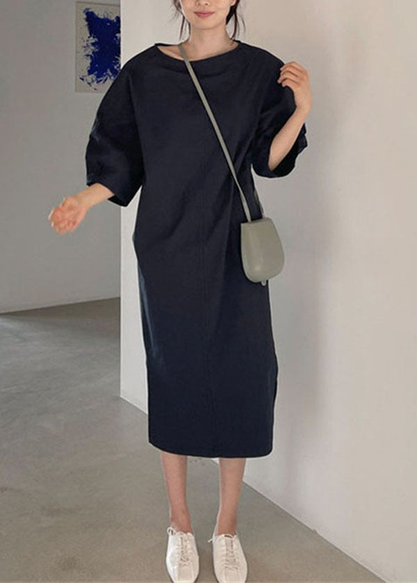 Stylish Navy O Neck Patchwork Linen Maxi Dress Summer