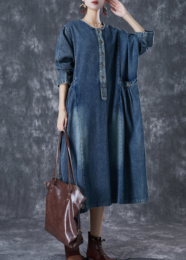 Stylish Navy Oversized Pockets Denim Robe Dresses Fall