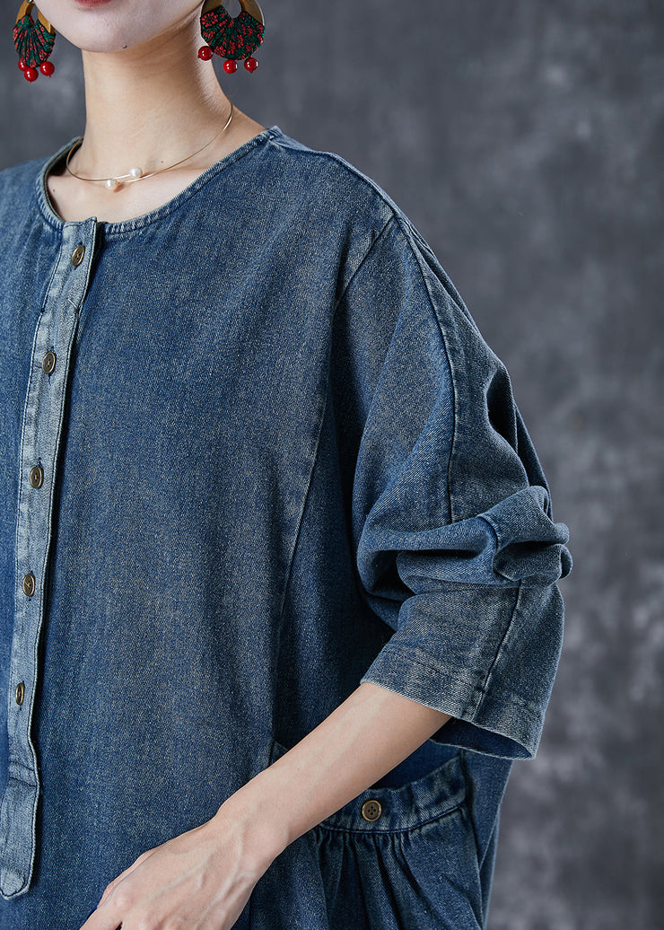 Stylish Navy Oversized Pockets Denim Robe Dresses Fall