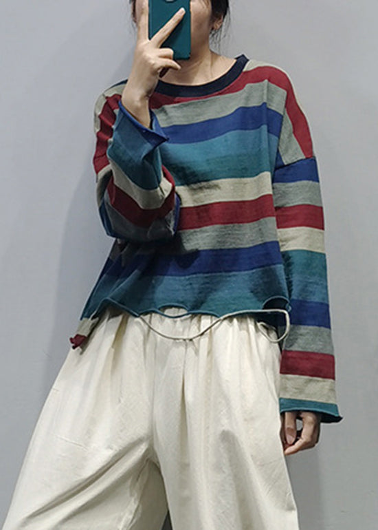 Stylish O-Neck Asymmetrical Hole Striped Cotton Top Long Sleeve