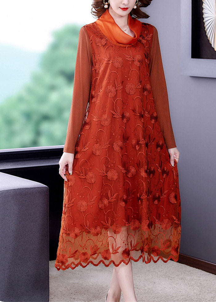 Stylish Orange Embroidered Floral Tulle Long Dress Long Sleeve