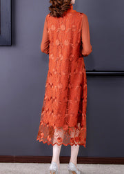 Stylish Orange Embroidered Floral Tulle Long Dress Long Sleeve