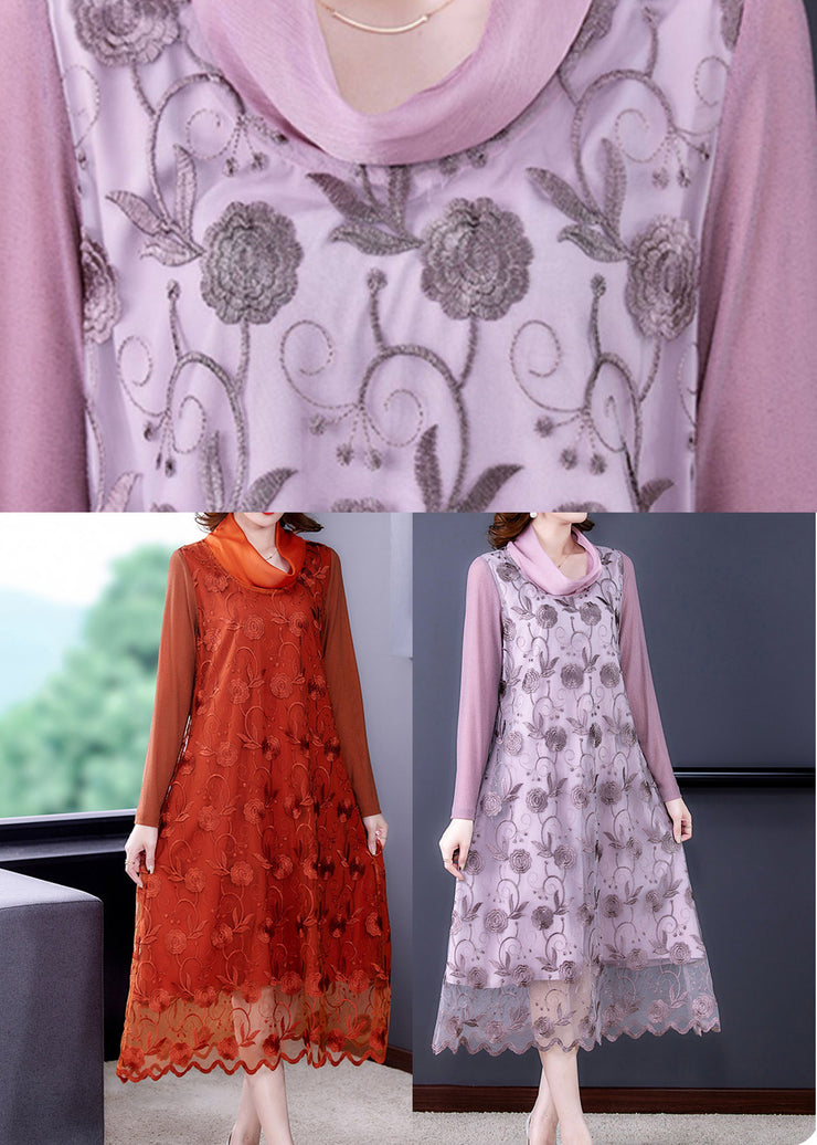 Stylish Orange Embroidered Floral Tulle Long Dress Long Sleeve