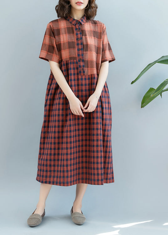 Stylish Orange Plaid Patchwork Dresses Short Sleeve