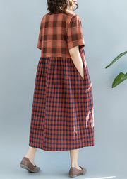 Stylish Orange Plaid Patchwork Dresses Short Sleeve