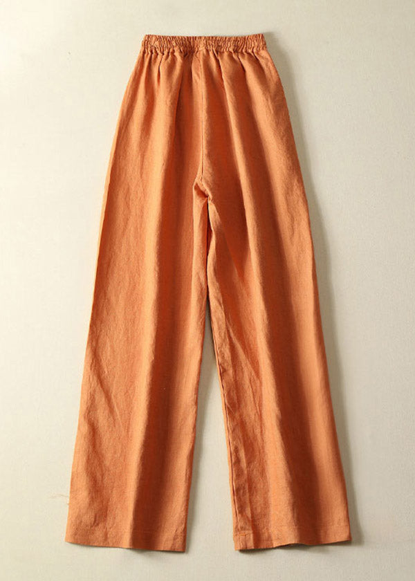 Stilvolle orangefarbene Taschen, elastische Taille, Kordelzug, Leinenhose mit weitem Bein, Sommer