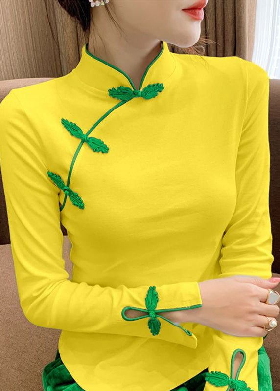 Stylish Orange Stand Collar Embroidered Asymmetrical Button Cotton Shirt Bottoming Shirt