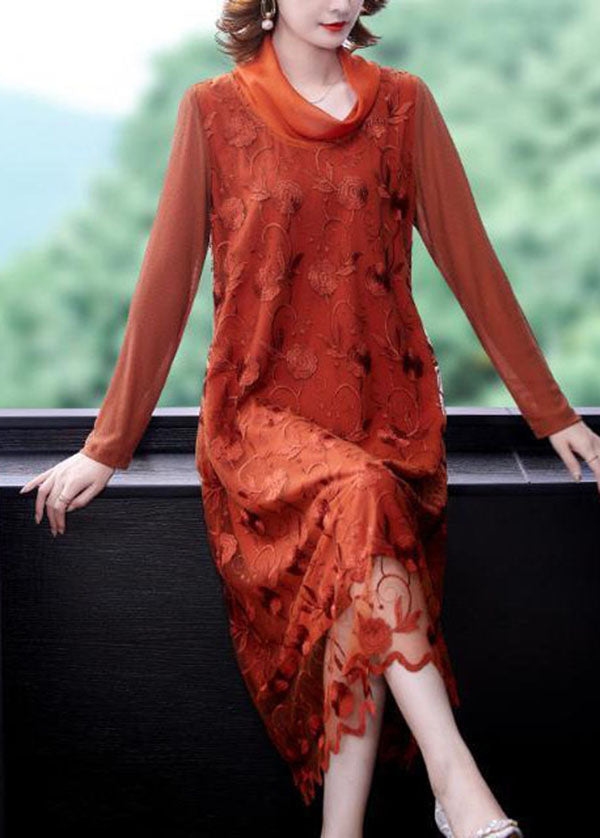 Stylish Orange Turtle Neck Embroidered Tulle Vacation Dresses Spring